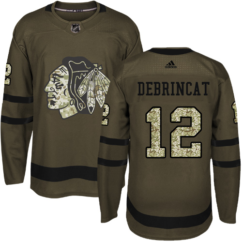 Adidas Blackhawks #12 Alex DeBrincat Green Salute to Service Stitched NHL Jersey